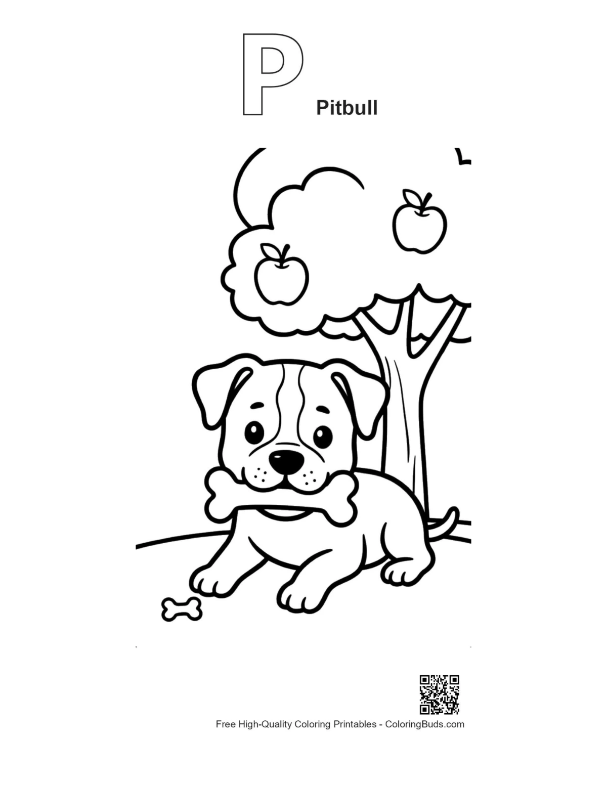 Cute pitbull alphabet P coloring page printable