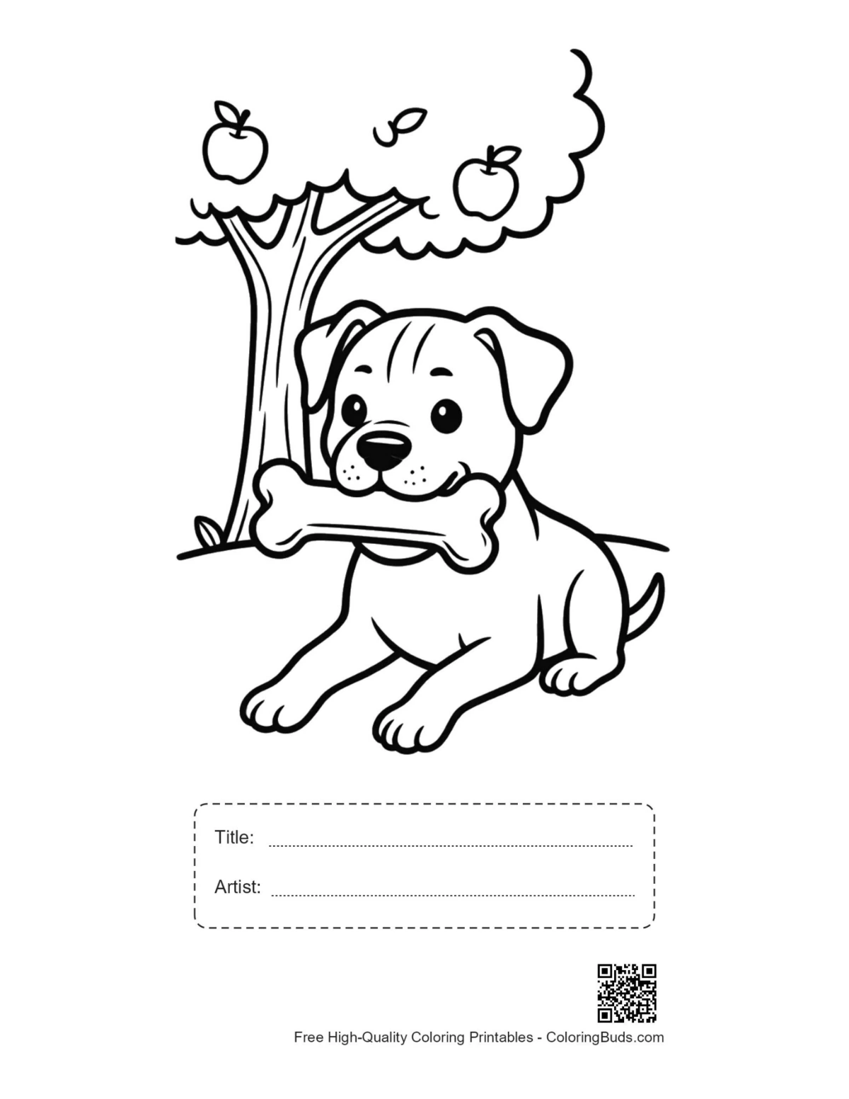 Pitbull coloring page with title and artist box