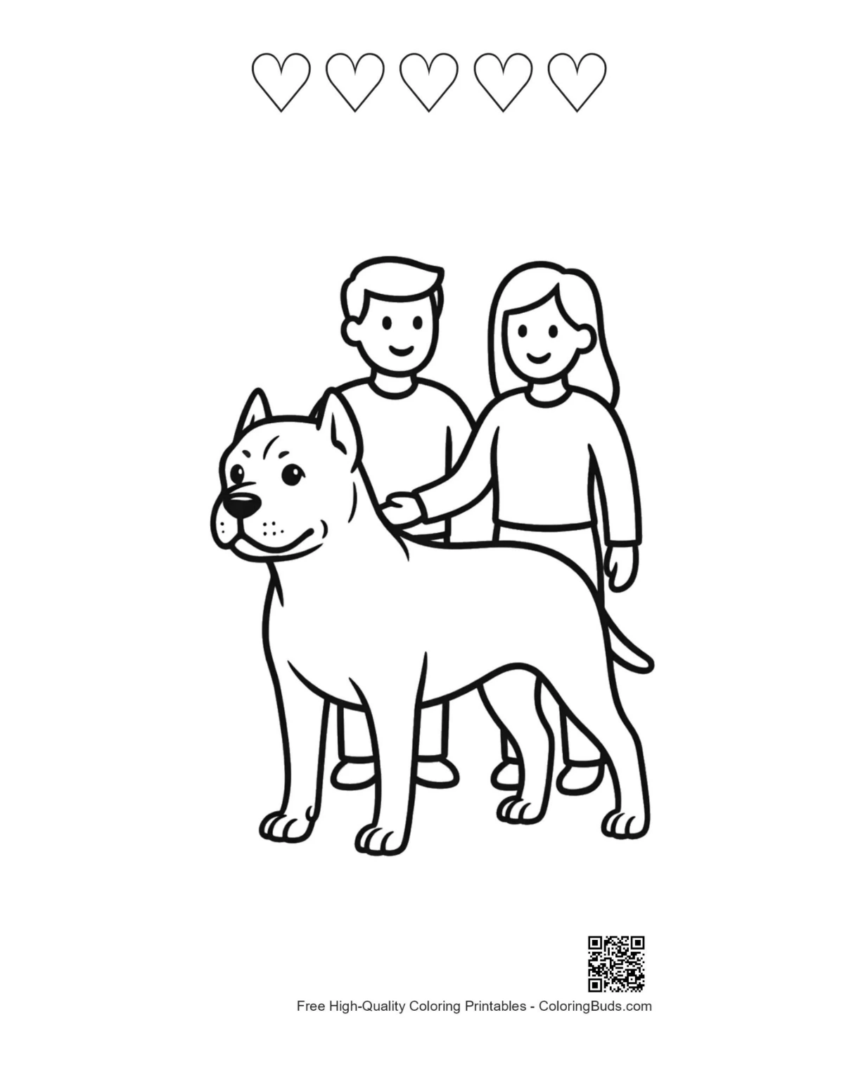 Heart-themed printable of family with Pitbull dog
