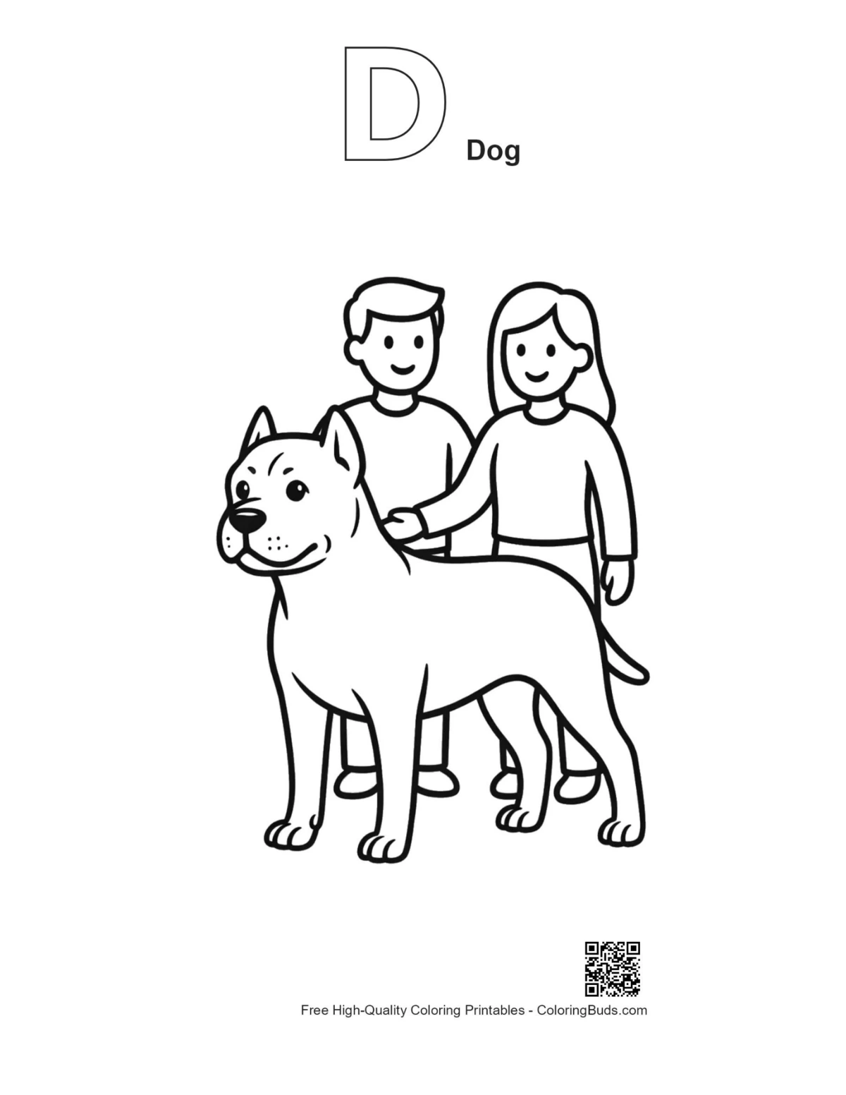 Outline printable of family, Pitbull, and alphabet D dog