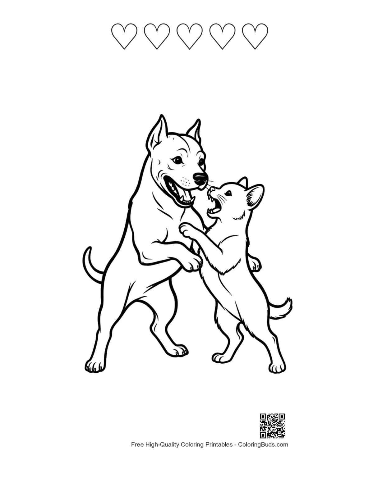 Pitbull and kitten with heart outlines printable