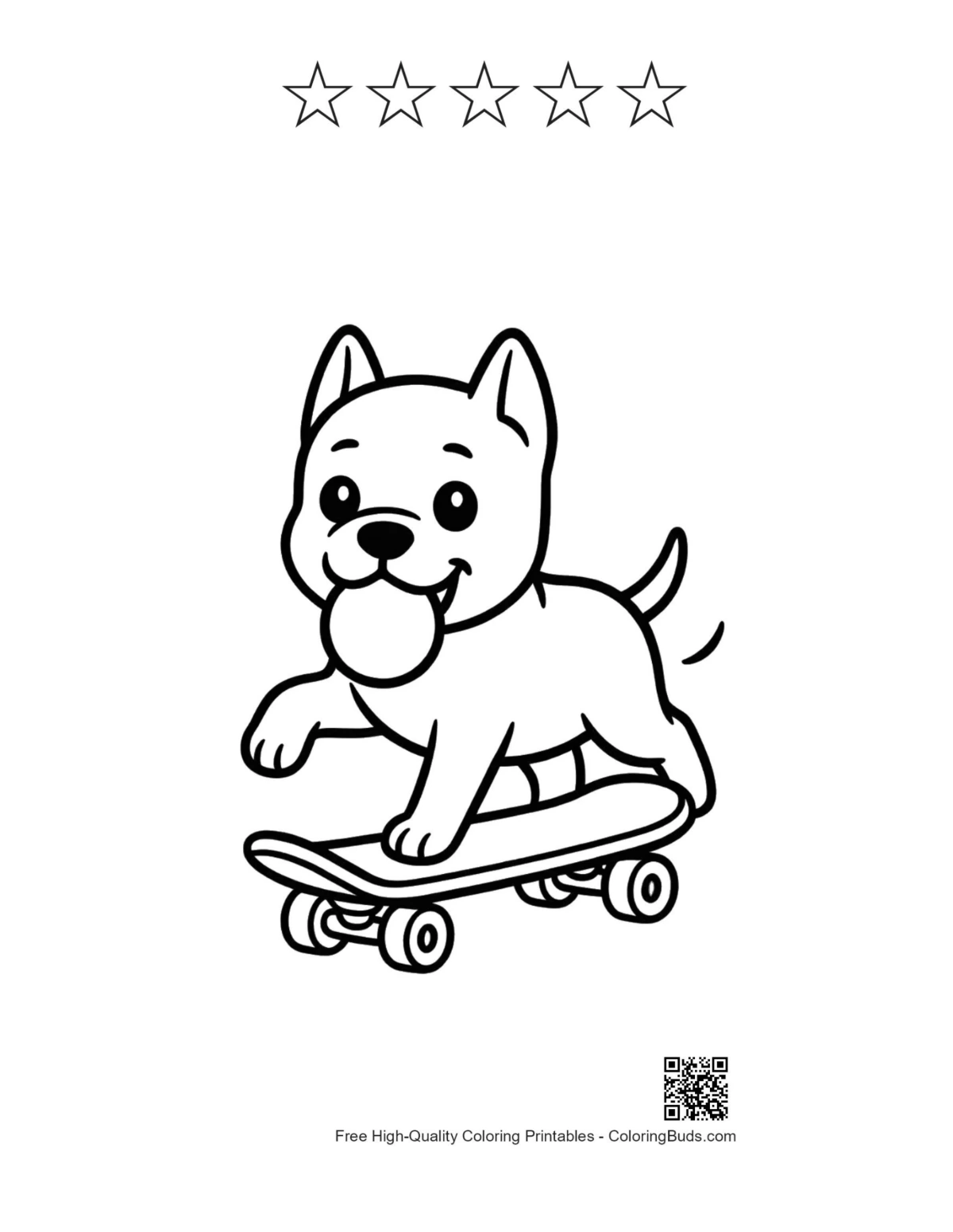 Vybarvovací stránka pitbula na skateboardu s obrysy hvězd