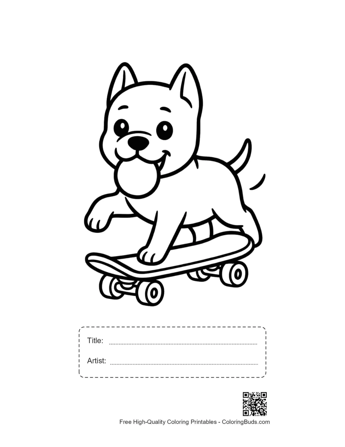 Vybarvovací stránka štěněte pitbula na skateboardu s polem pro název