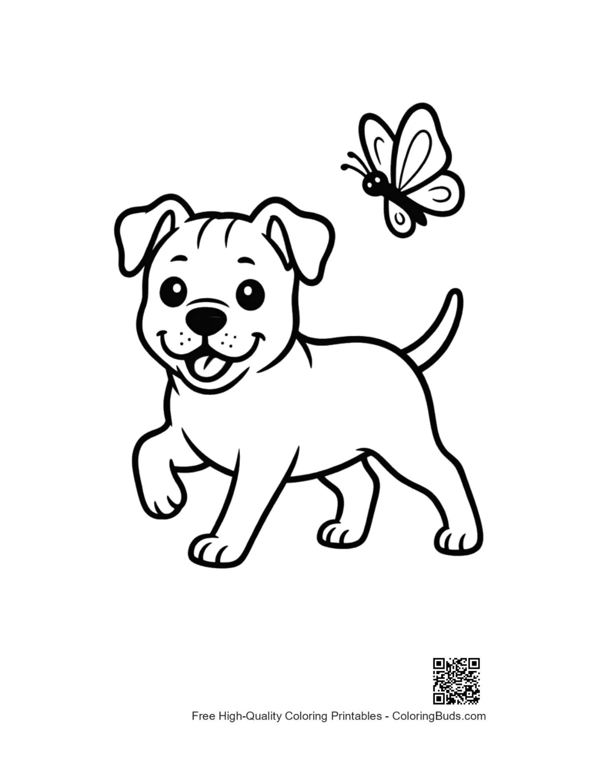 Smiling pitbull puppy coloring page with butterflies