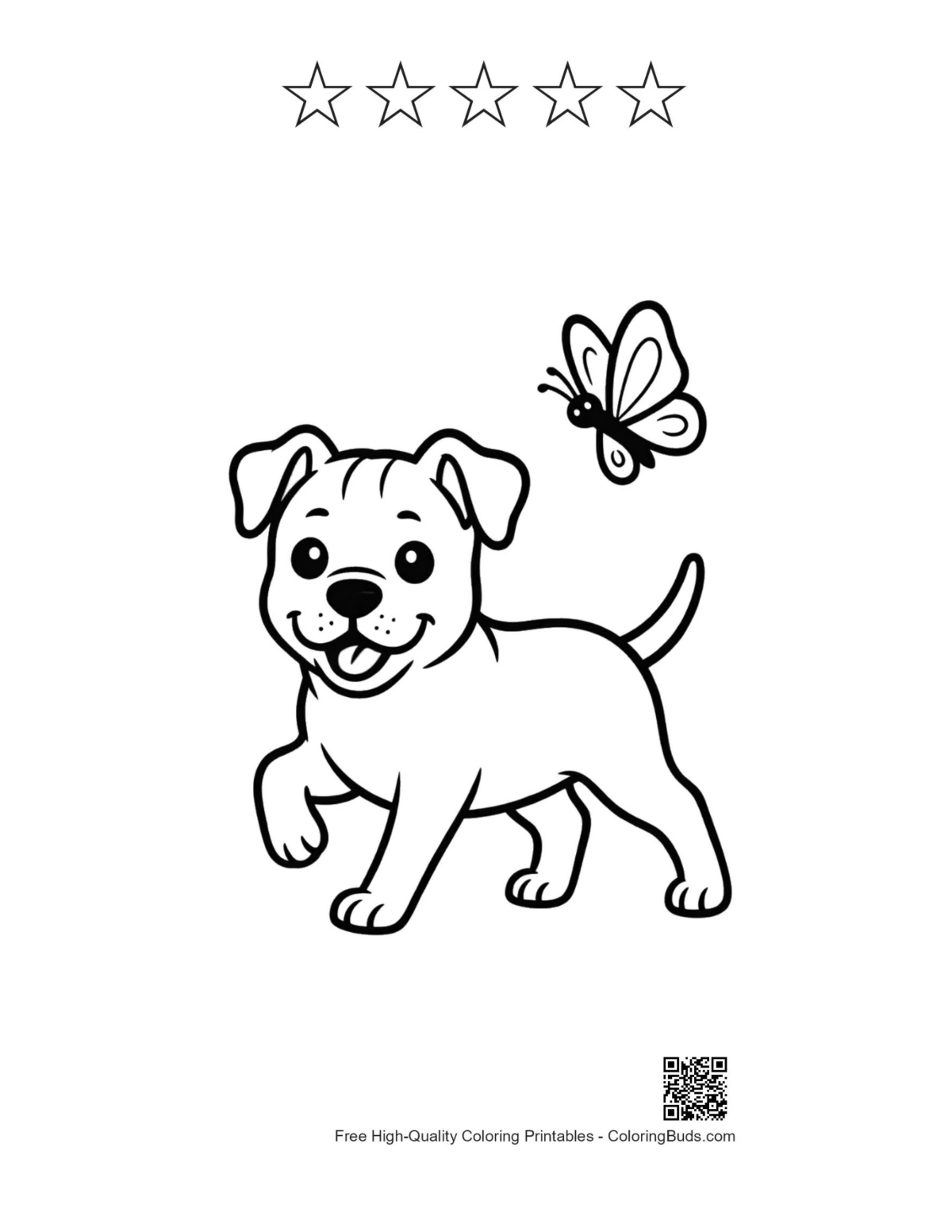 Pitbull coloring sheet with 5 star outlines