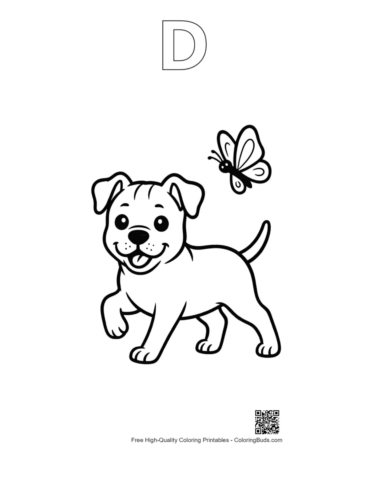 Pitbull puppy coloring page with alphabet D outline