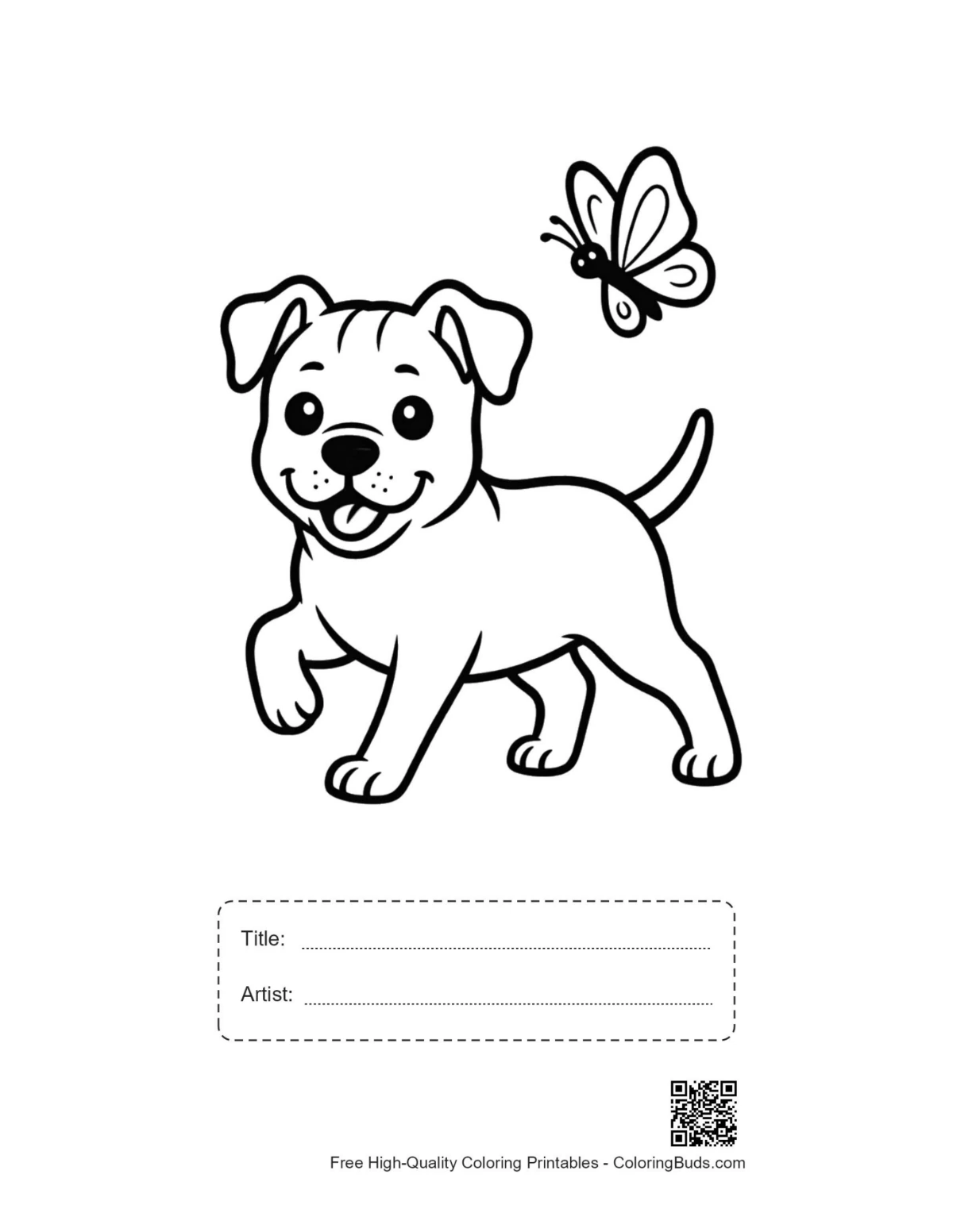 Printable pitbull puppy coloring page with title box