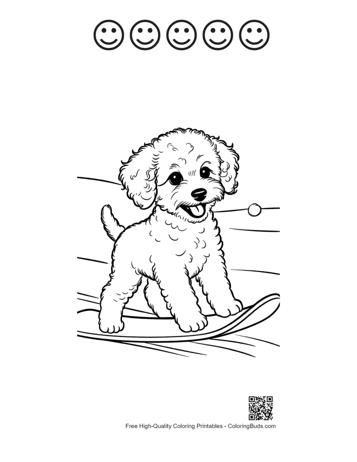 Poodle snowboarding with happy faces printable