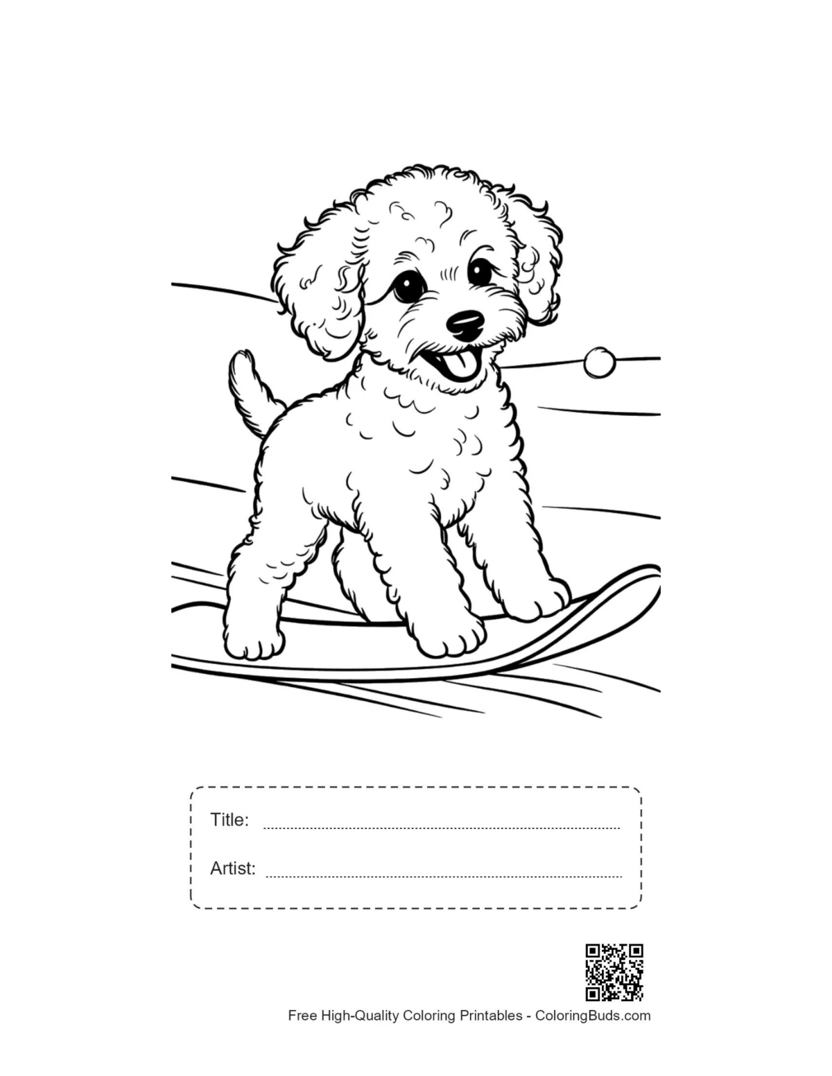 Poodle snowboarding printable with title box
