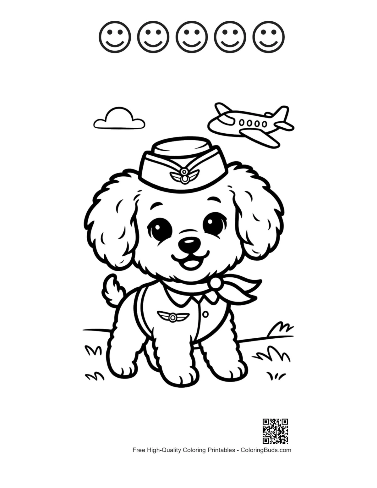 Pudel-Pilot 5 Glückliches-Gesicht-Umriss Konturenzeichnung druckbar