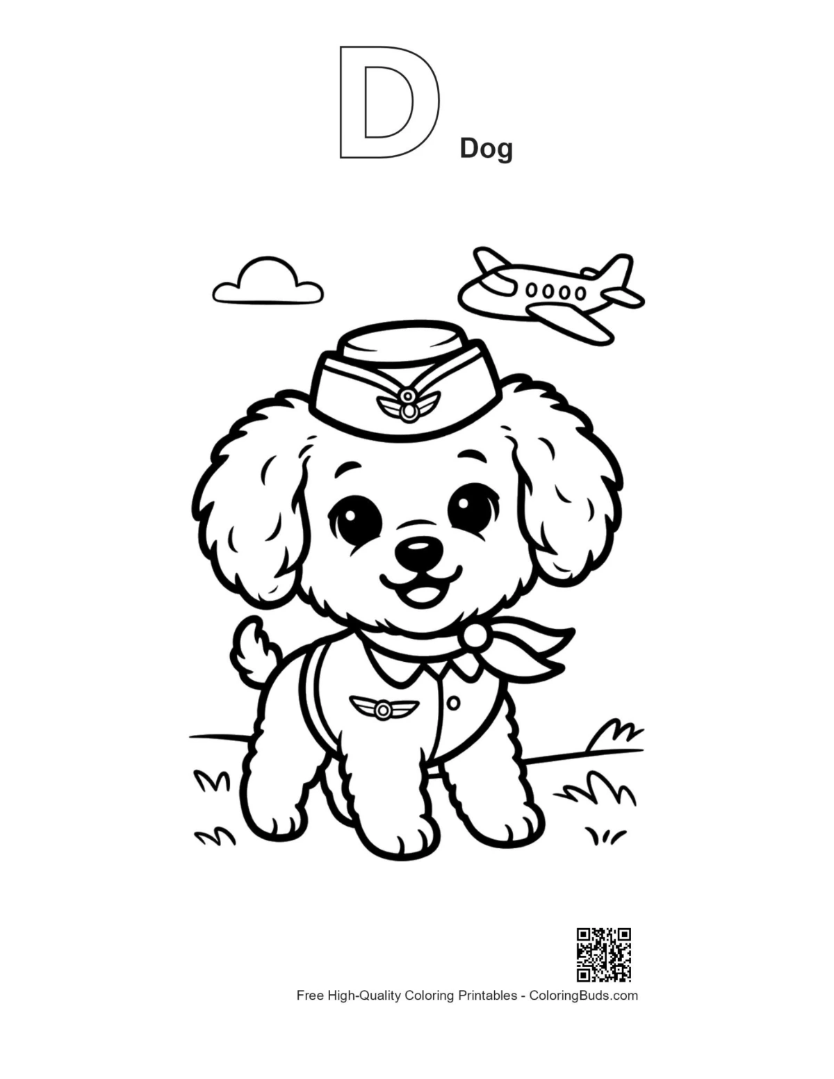 Pudel-Pilot Alphabet D Hund Umriss druckbar Malvorlage