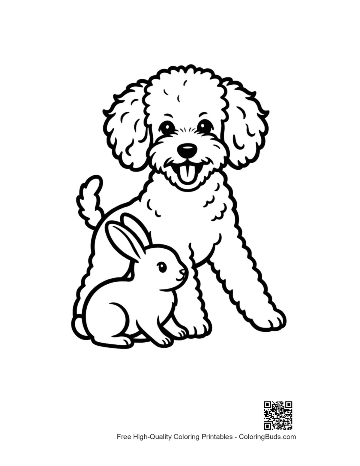 Cheerful poodle and bunny standing together