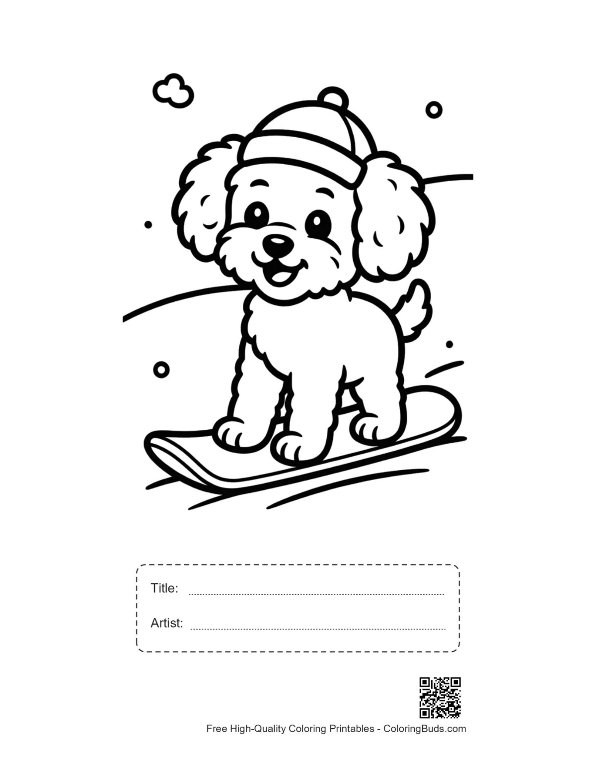 Poodle puppy snowboard line art with title box