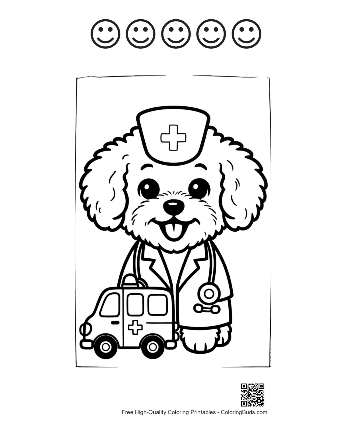 Cute poodle with 5 happy faces outline sheet