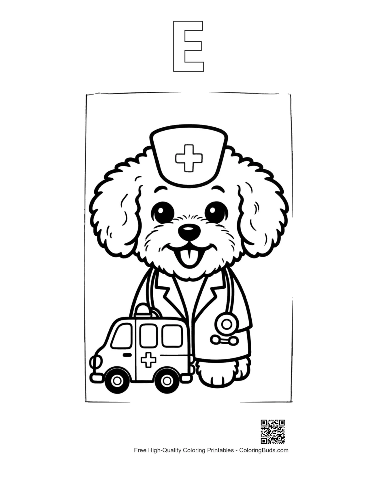 Cute poodle outline with alphabet E for kids