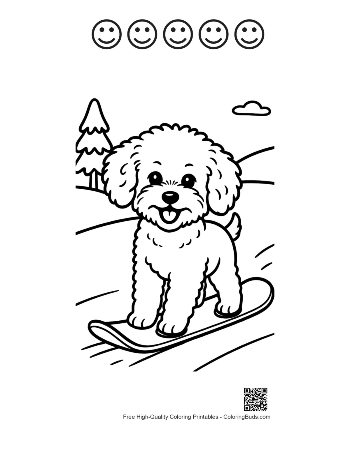 Cute poodle sheet with 5 happy face outlines for kids