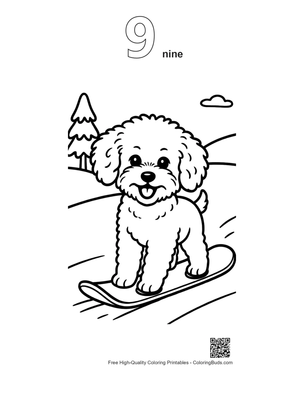 Poodle coloring page outline with number 9 for kids