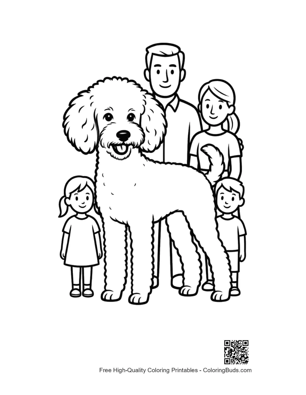 Happy family posing with fluffy poodle