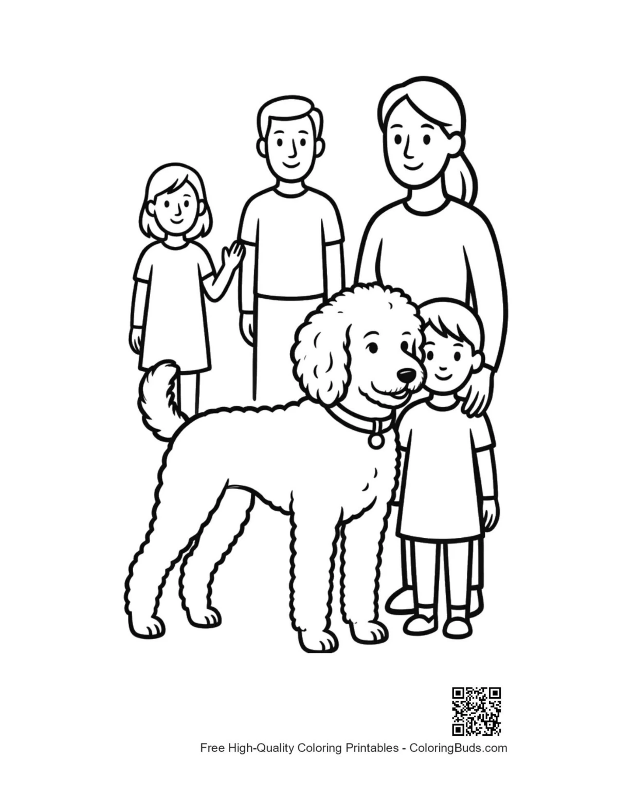 Happy family with fluffy poodle coloring page