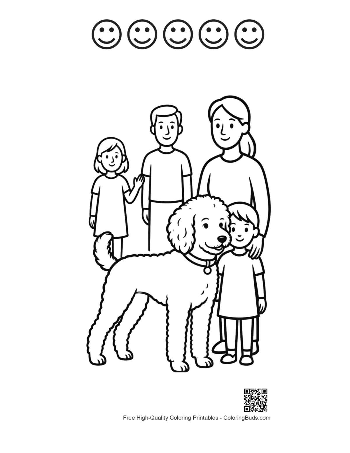 Fluffy poodle with happy faces outline printable