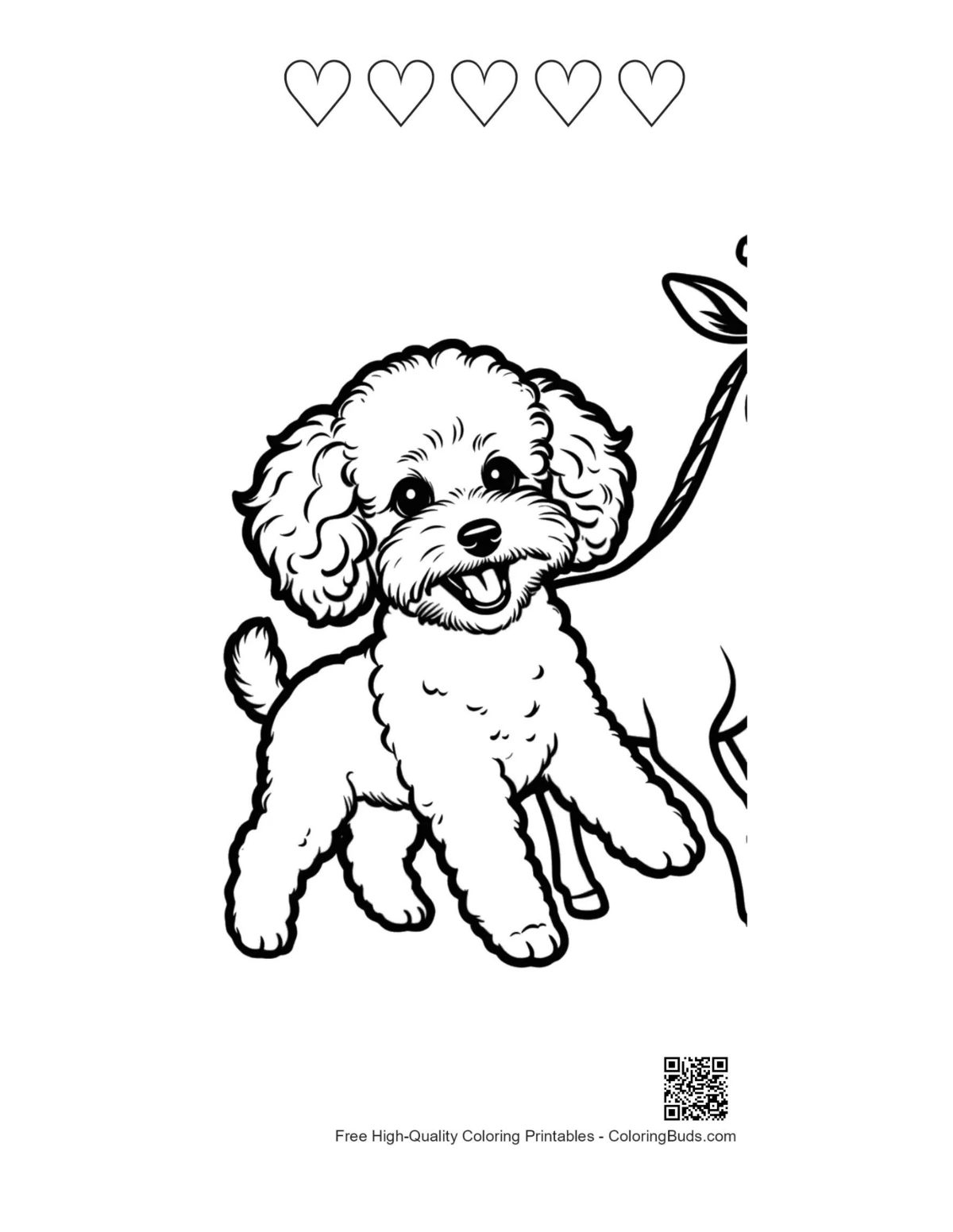 Poodle coloring printable with heart outlines