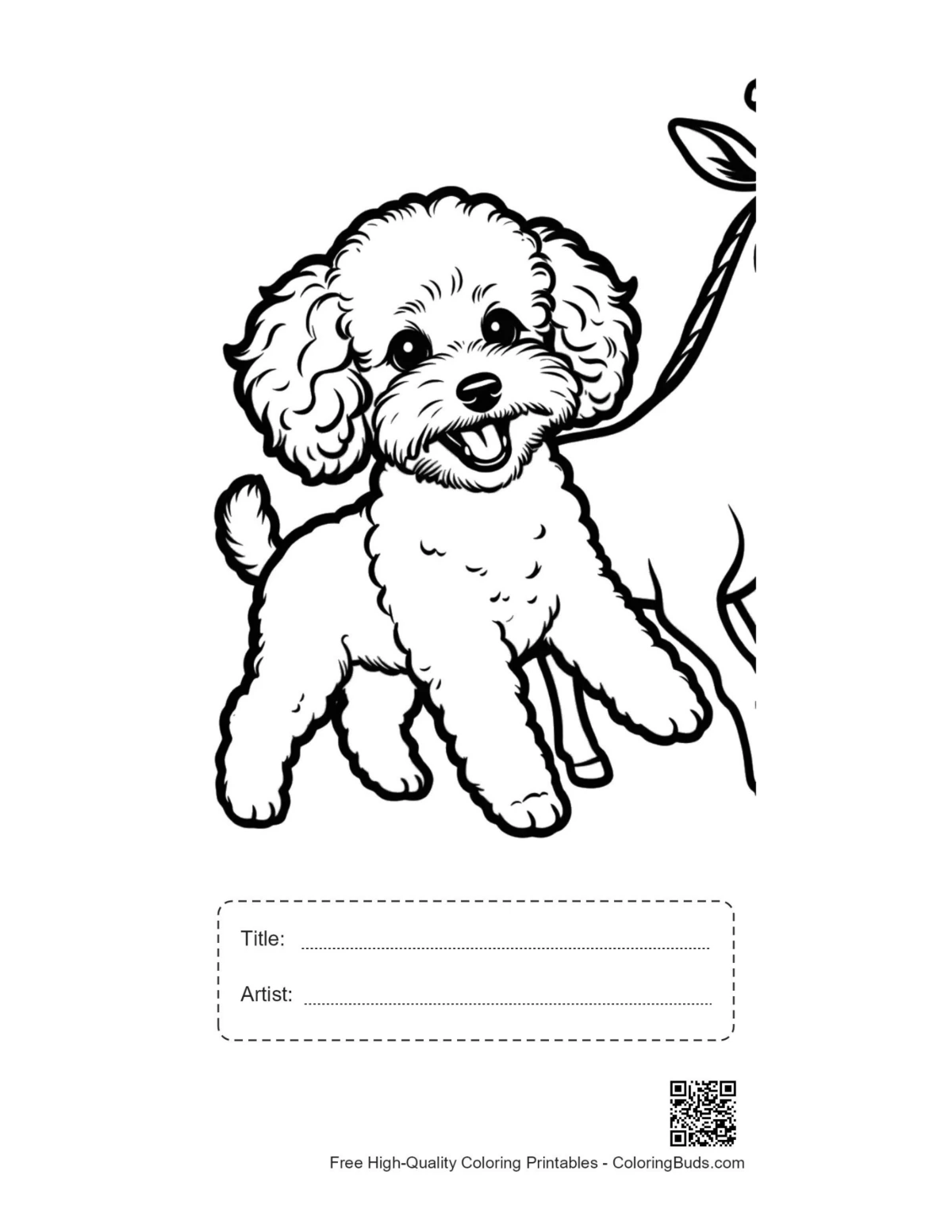 Printable poodle puppy coloring page with title box