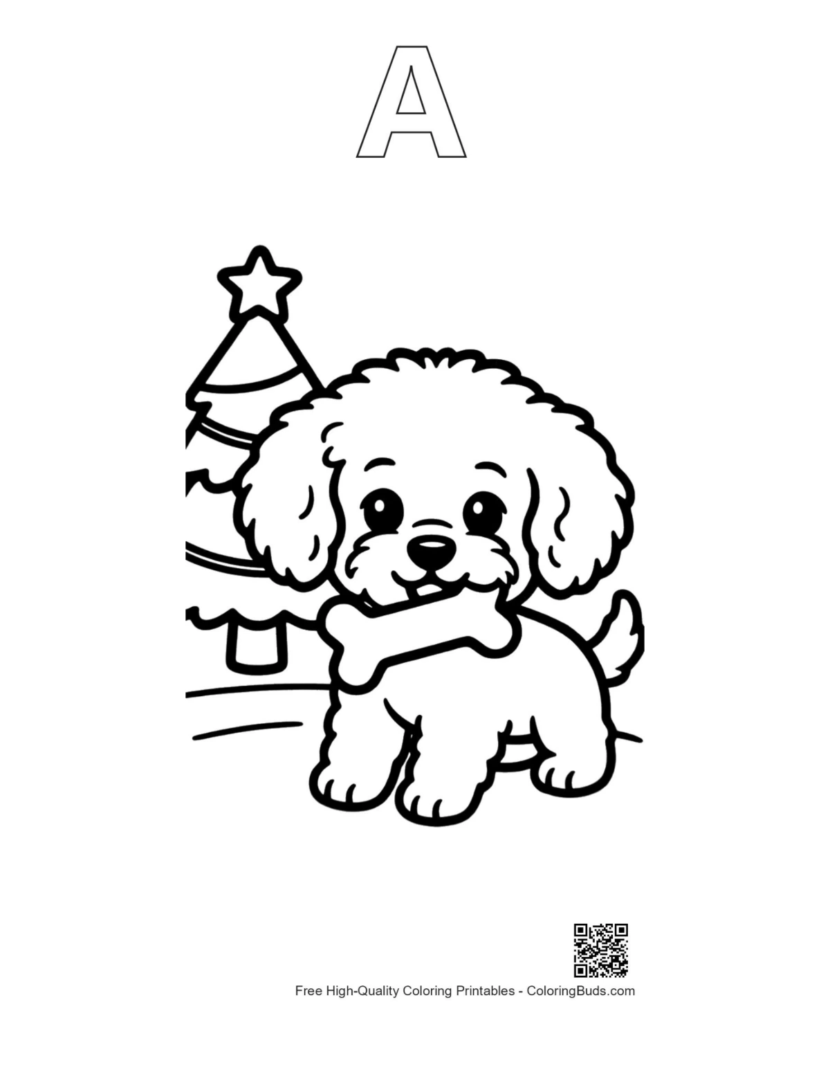 Poodle coloring page outline alphabet A Christmas theme