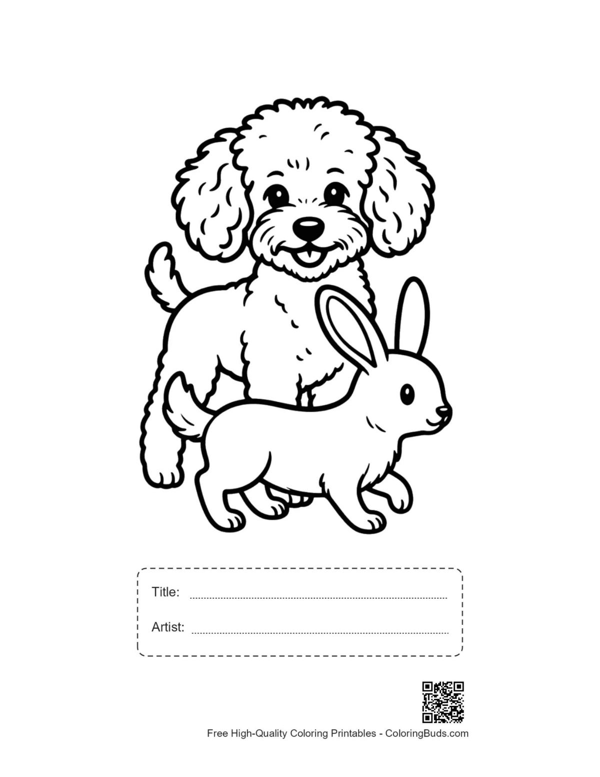 Printable playful poodle and bunny coloring page with title