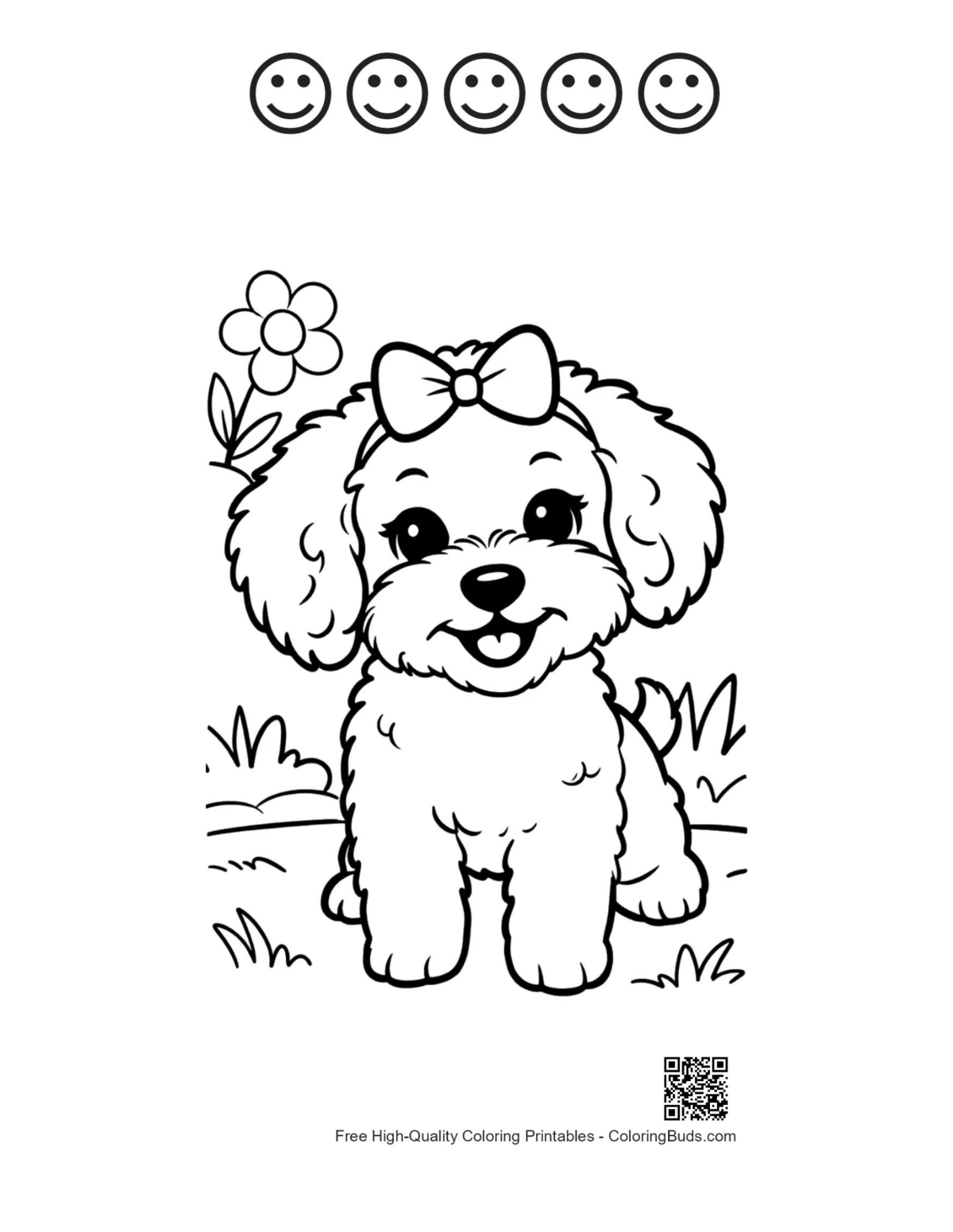 Poodle and five happy face outlines printable page