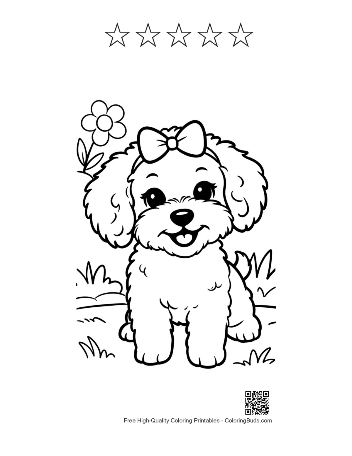 Poodle with five star outlines printable coloring