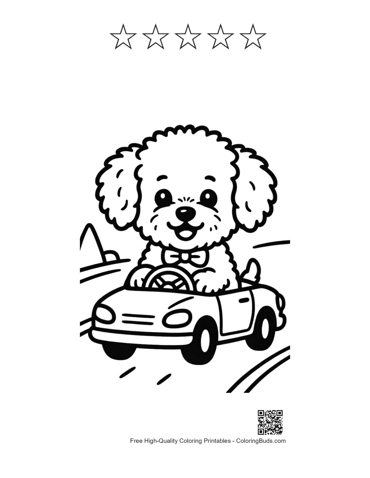 Poodle puppy road trip with 5 star outlines coloring page