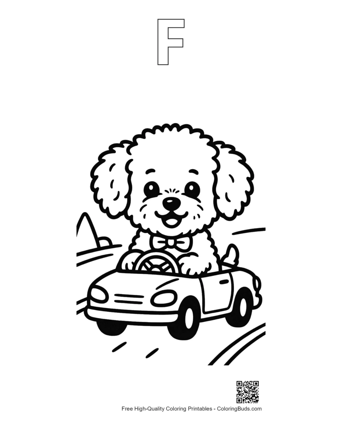 Poodle puppy cartoon car outline with alphabet F printable