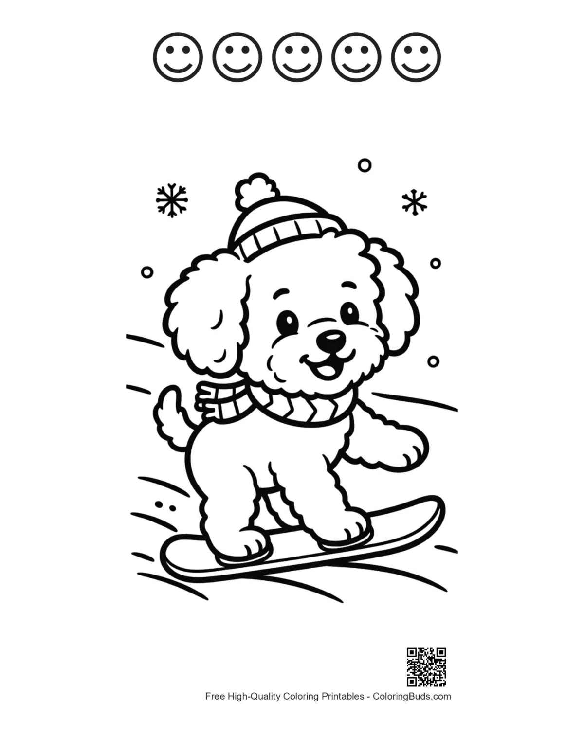 Cute poodle snowboard printable with happy faces