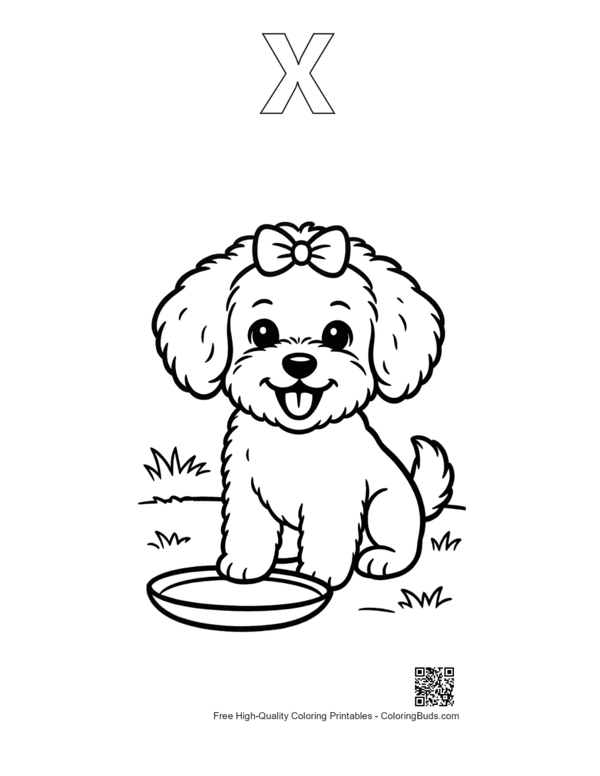 Poodle puppy line art with alphabet X outline printable
