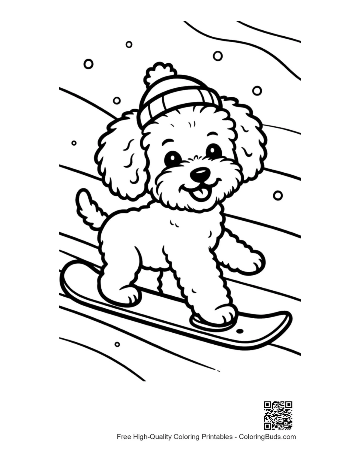 Smiling poodle puppy snowboarding printable coloring page