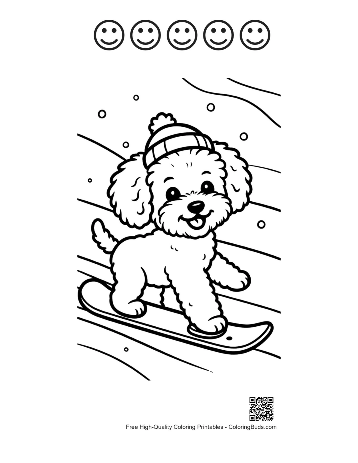 Smiling poodle snowboarding with happy faces printable