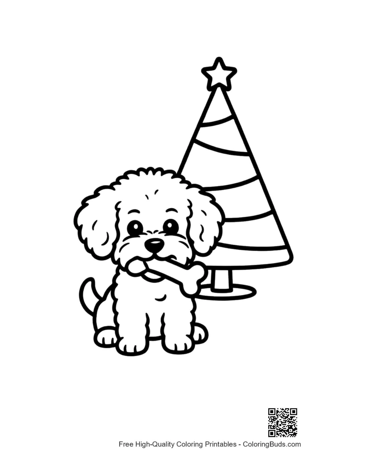 Tiny poodle puppy by Christmas tree coloring page