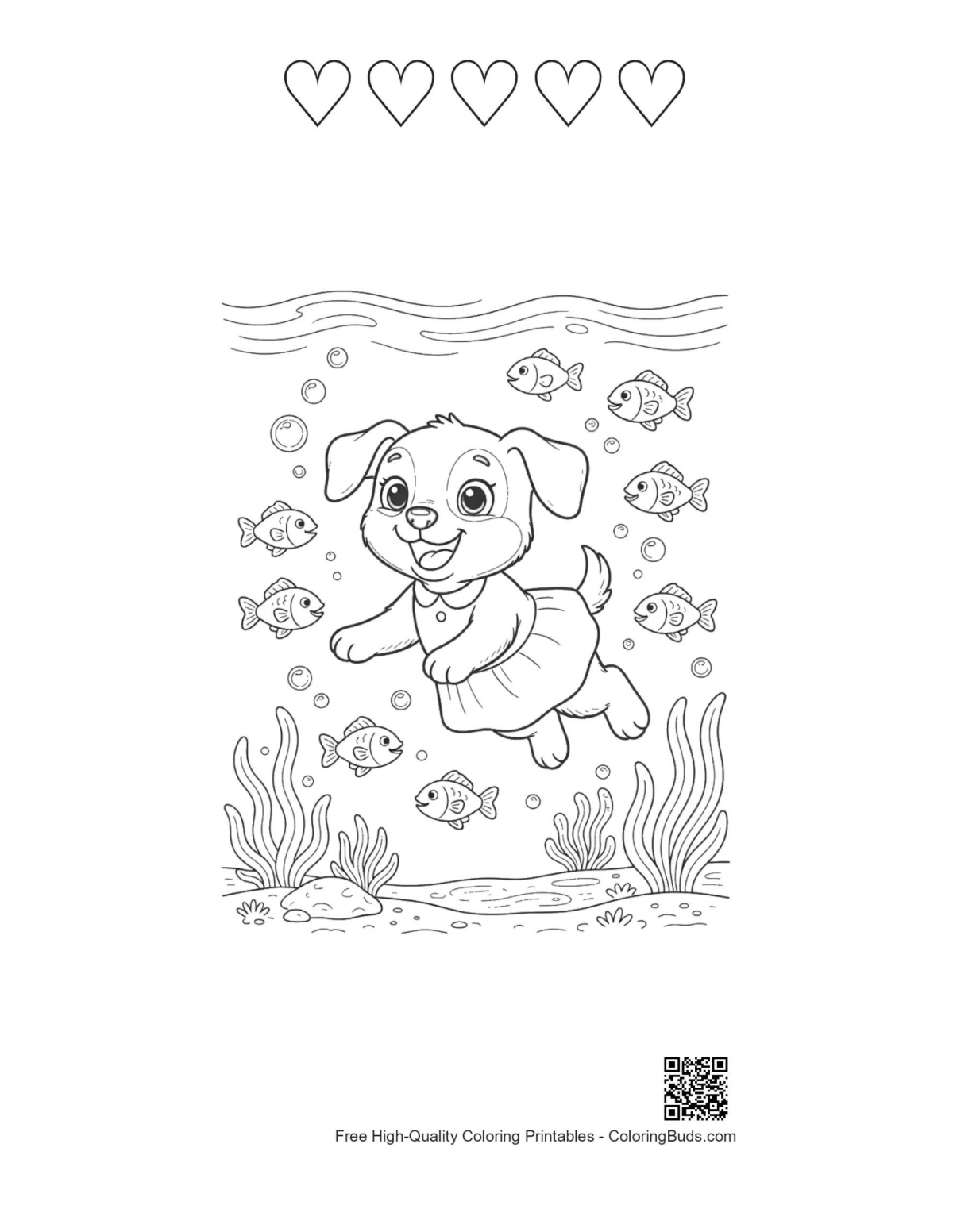 Puppy swirl lollipop and 5 heart outlines coloring page