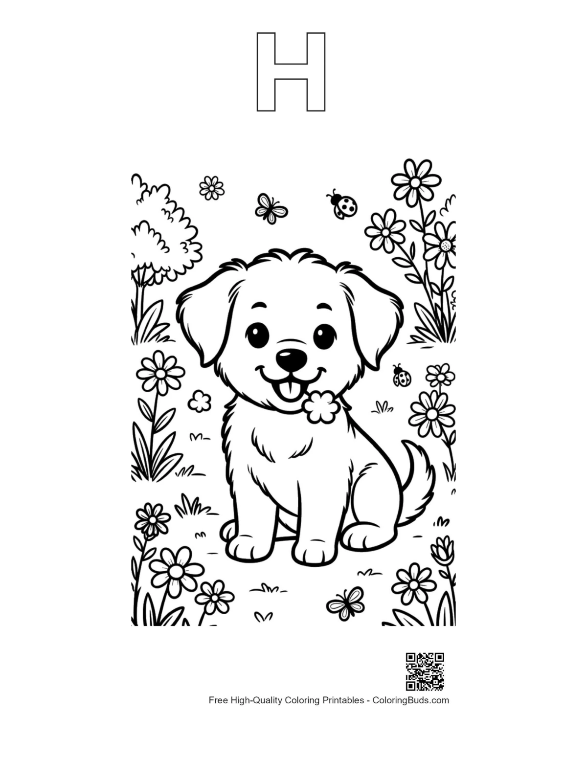 Puppy flower bed outline alphabet H coloring printable