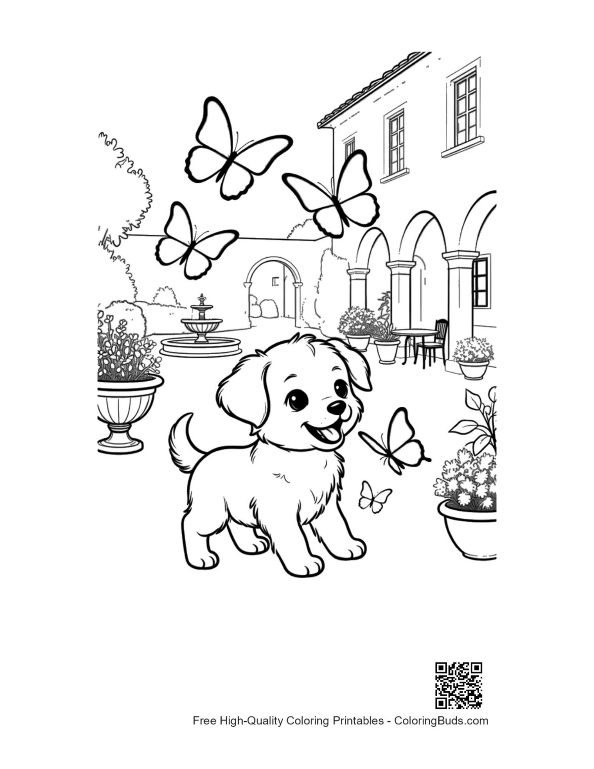 Adorable puppy by flower pot butterflies coloring printable