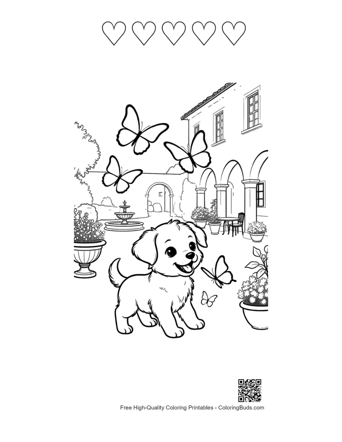Adorable puppy flower pot butterflies 5 heart outline coloring page
