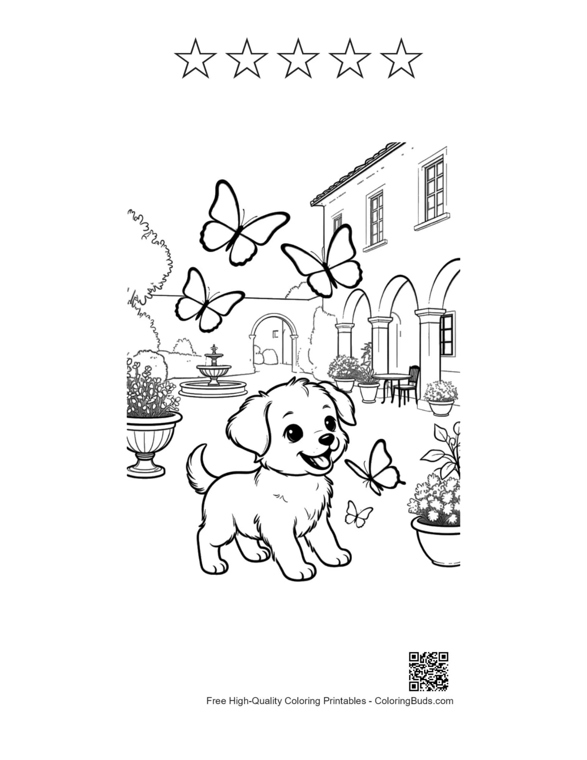Adorable puppy printable with flower pot butterflies star outlines