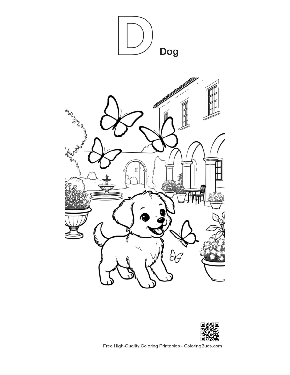 Puppy flower pot butterflies outline with alphabet D dog