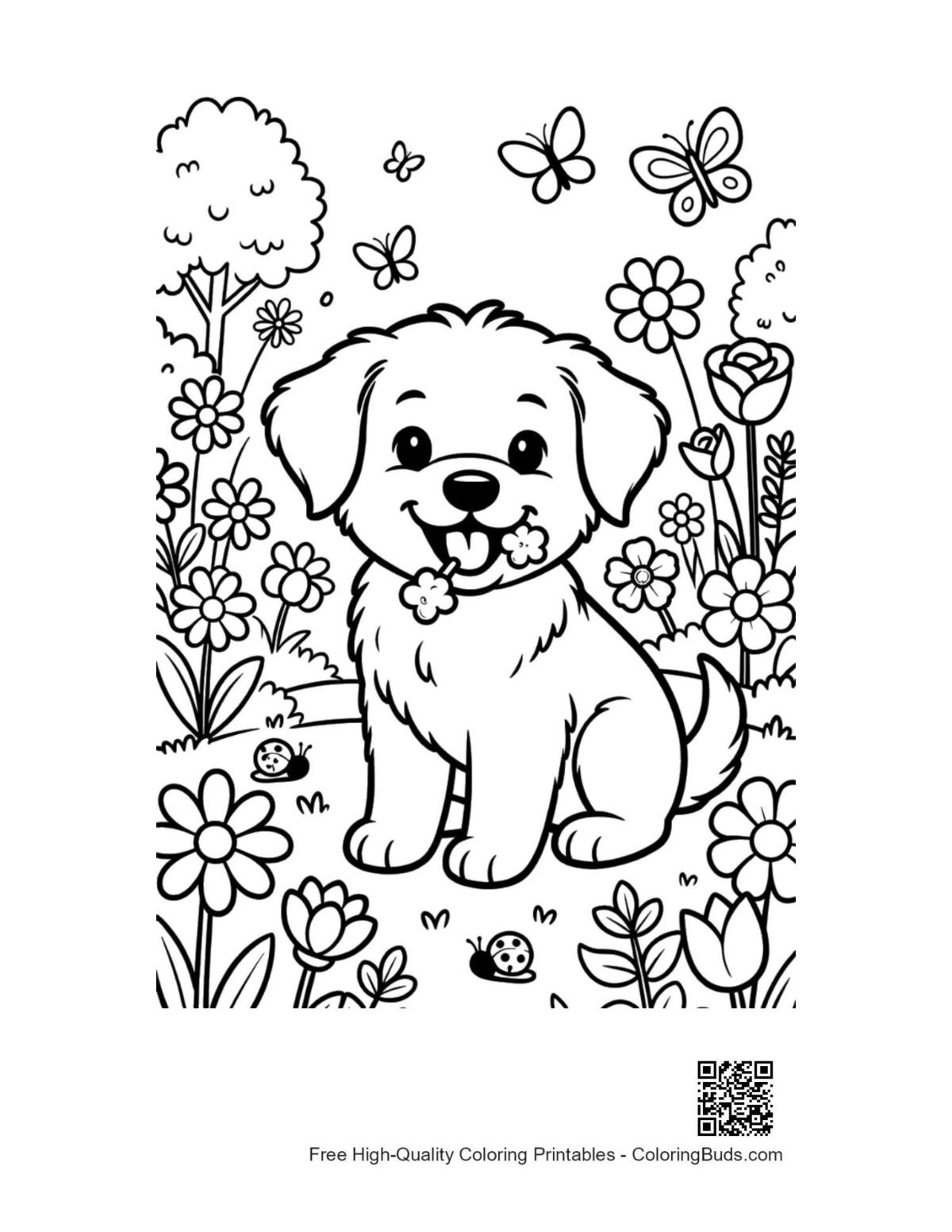 Cute puppy near flower wheelbarrow coloring page printable