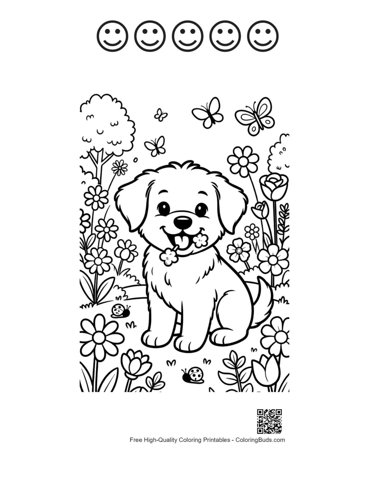 Cute puppy flowers coloring page with 5 happy faces