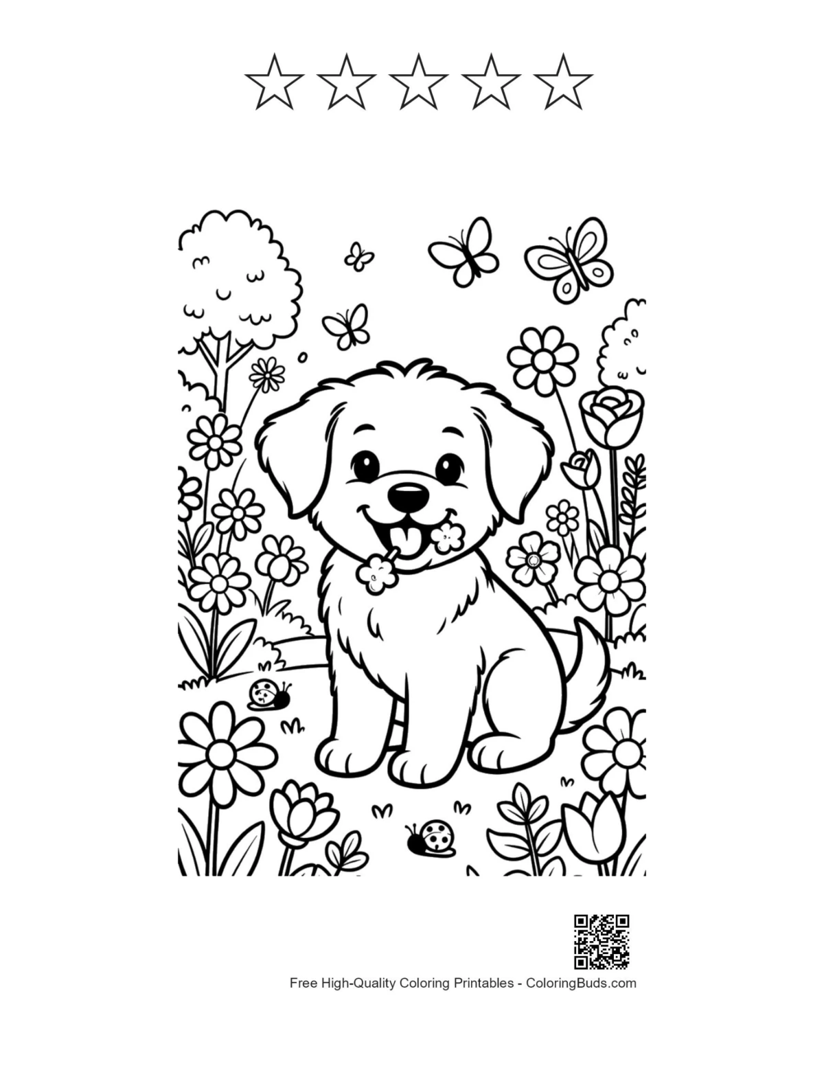 Puppy wheelbarrow printable with 5 star outlines