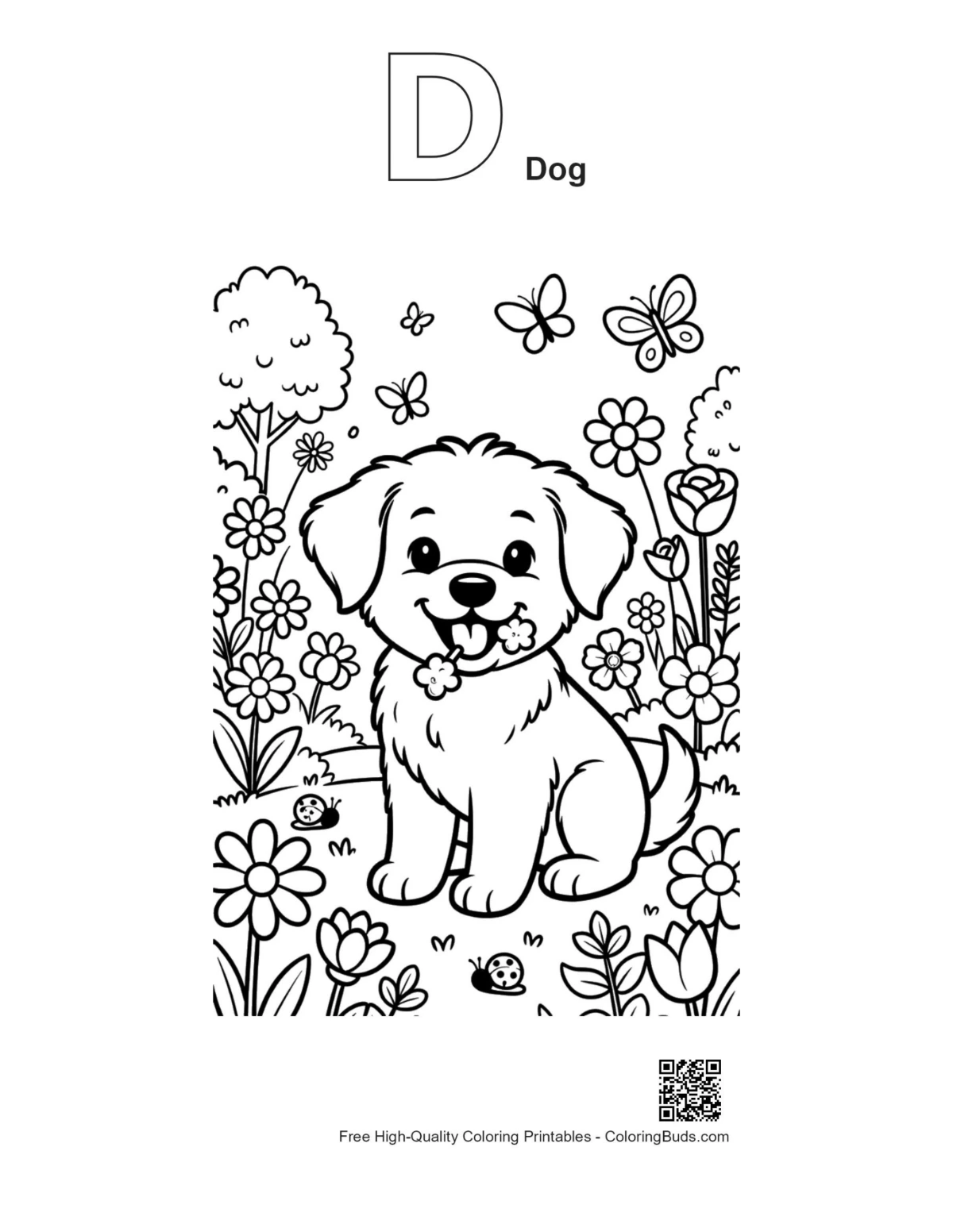 Outline puppy flowers printable with D dog alphabet