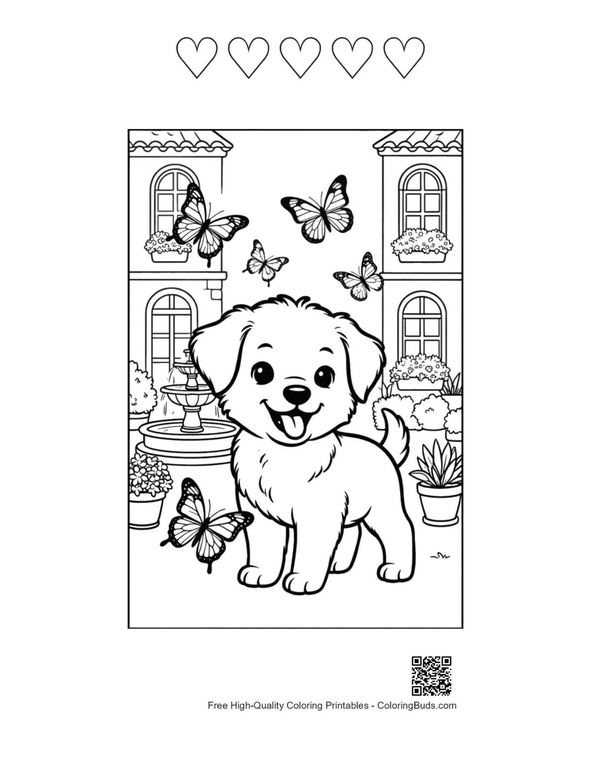 Süßer Welpe Garten Ausmalen mit 5 Herz-Umrissen