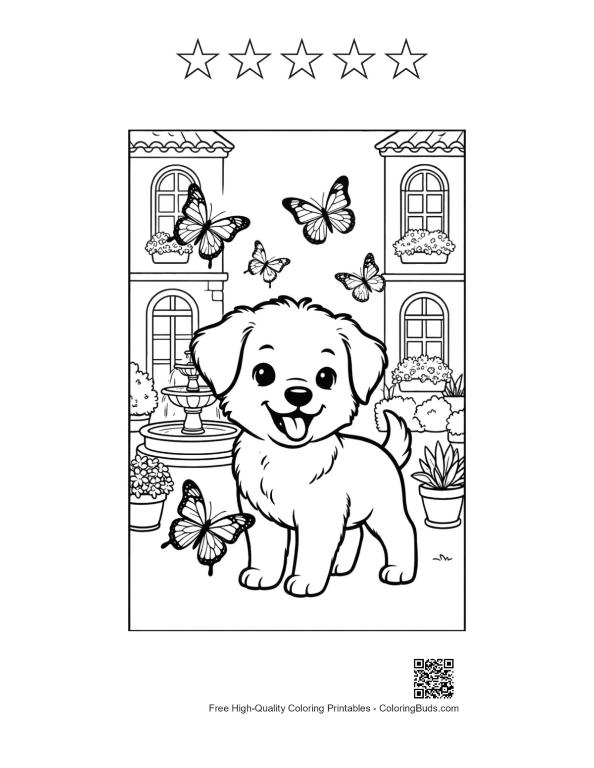 Süßer Welpe Garten druckbar mit 5 Stern-Umrissen