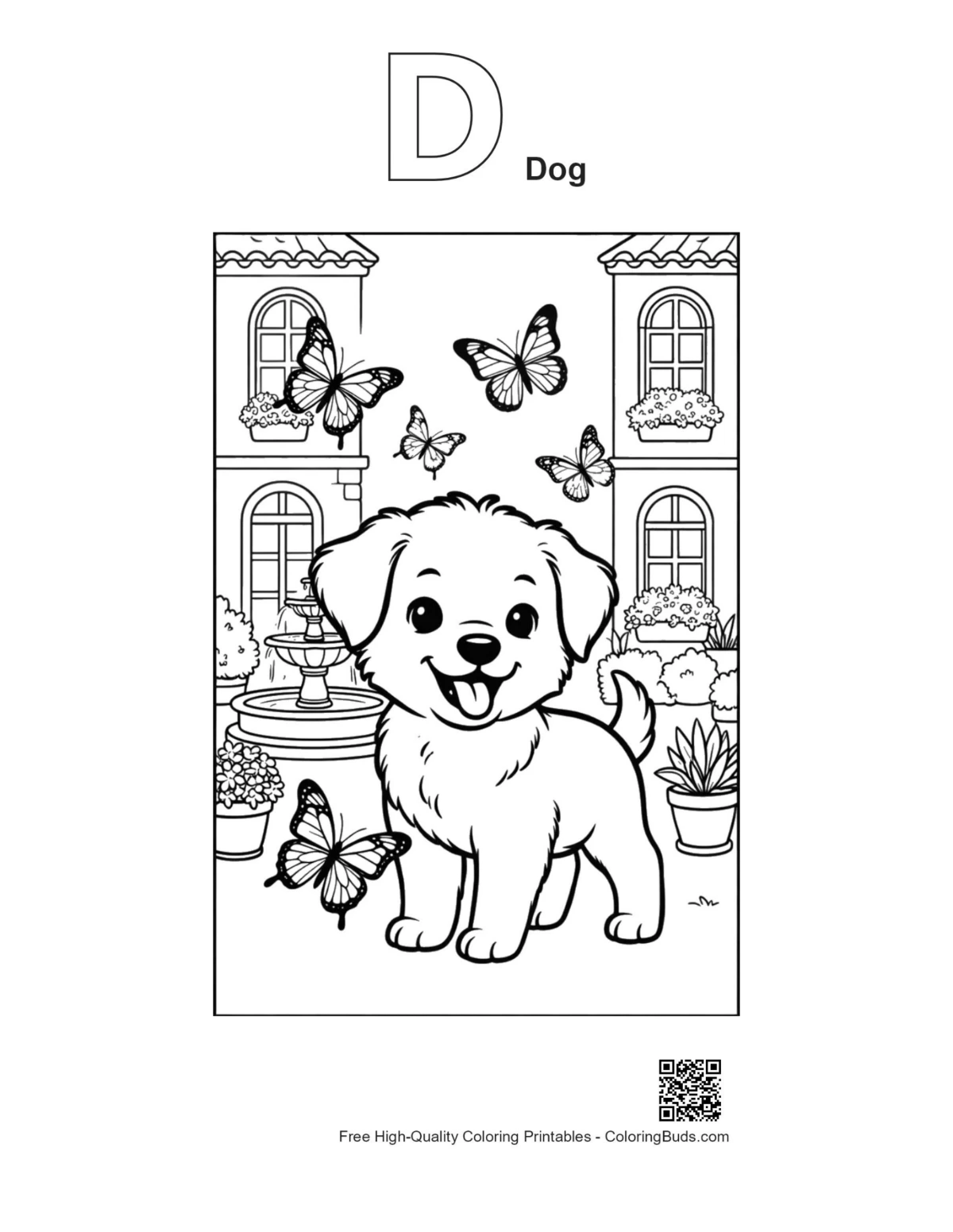 Welpe Schmetterlinge Garten D für Hund Alphabet Umriss